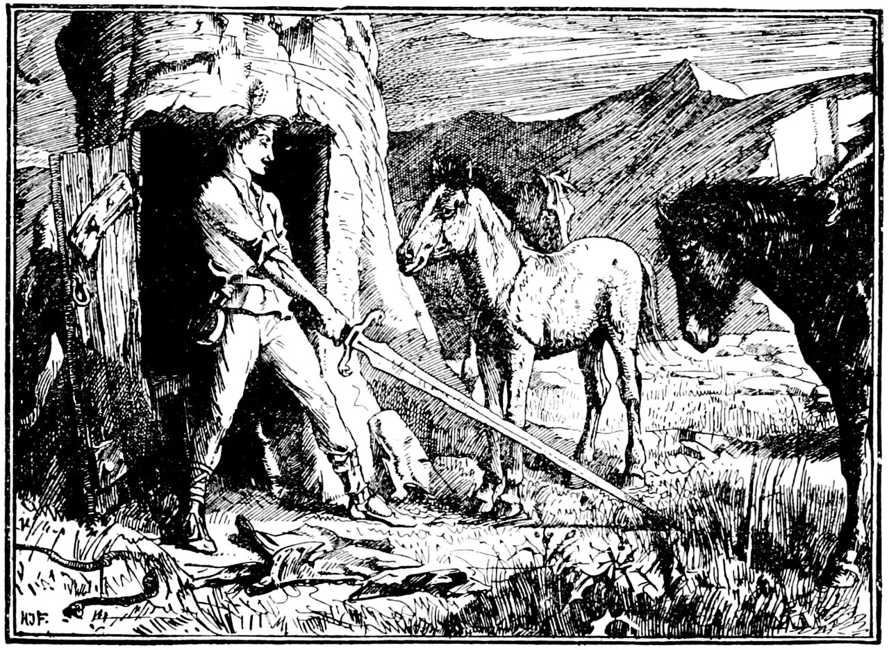 Cinderlad stands at the dark doorway opened in a great pale tree trunk, a plume in his cap and a pouch at his belt, gripping a long sword in both hands with its point down in the grass, while a pale foal stands close at his side with a second head against its own and a large black horse drops its muzzle to the ground at the right, under bare hills