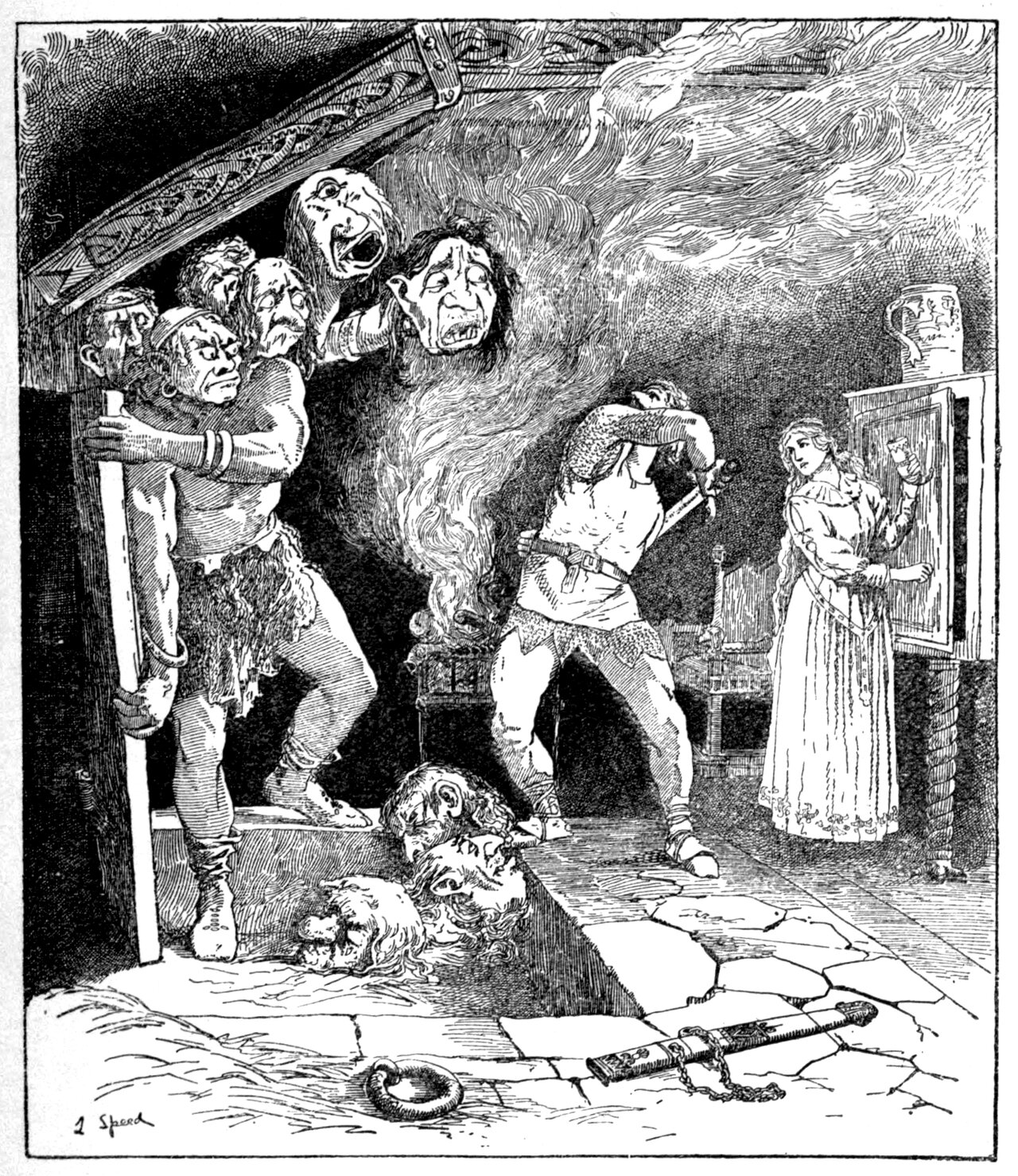 Halvor, bare to the waist in a short belted kilt, swings a great sword back over his shoulder at a giant troll who grips a tall staff in both hands and carries six heads on long necks, three more heads lying severed on the flagstones between them, a fire smoking on a low brazier at the centre and a Princess in a long white gown standing at an open panelled door on the right with a jug on the ledge above her, her face turned back to the fight