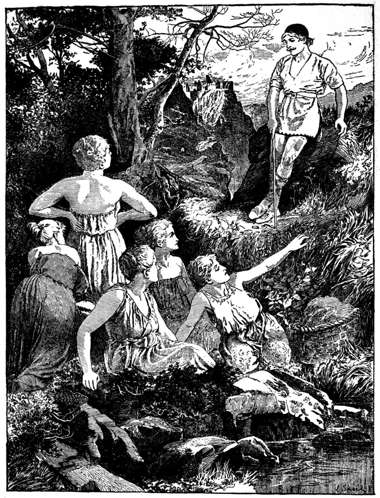 Five young women are gathered on a bank beside a stream with a wicker basket and washed linen spread over the rocks, four of them seated and one standing with her back turned and her hands on her hips, all looking up at Halvor, who stands above them on the bank in a short belted tunic leaning on a long staff, the nearest of them reaching an arm up toward him and a castle on a high crag showing in the distance behind