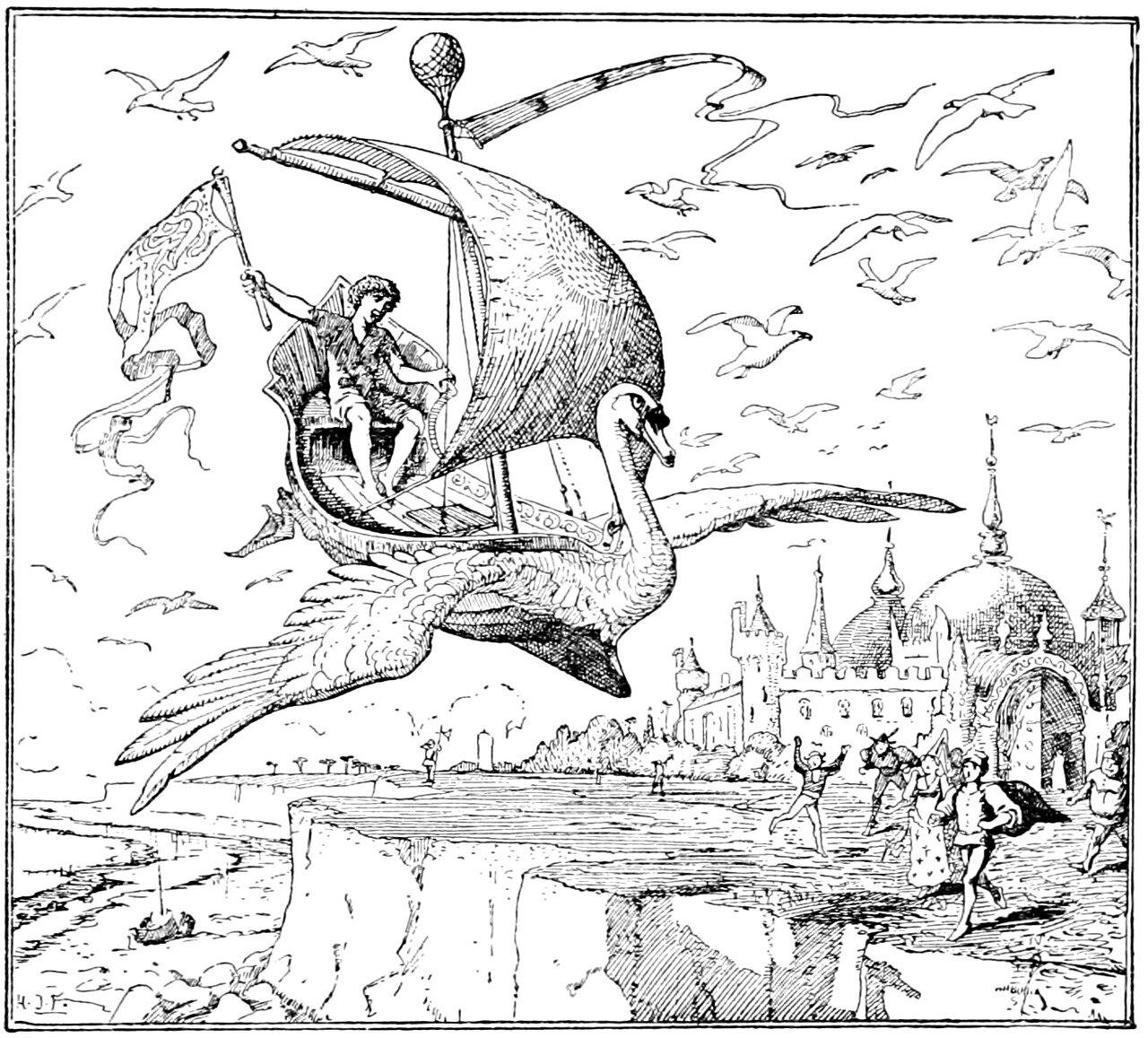 Minnikin, a ragged barefoot boy, sits alone on the stern bench of a small high-prowed ship that flies through the air on the back of a great swan with its wings spread wide and its long neck reaching out ahead of the bow, one hand raised with a pennant on a staff and the other holding the sheet of a single bellying sail, gulls wheeling all round him, while below on the shore a crowd streams out from the gate of a turreted and domed palace, one man with both arms flung up