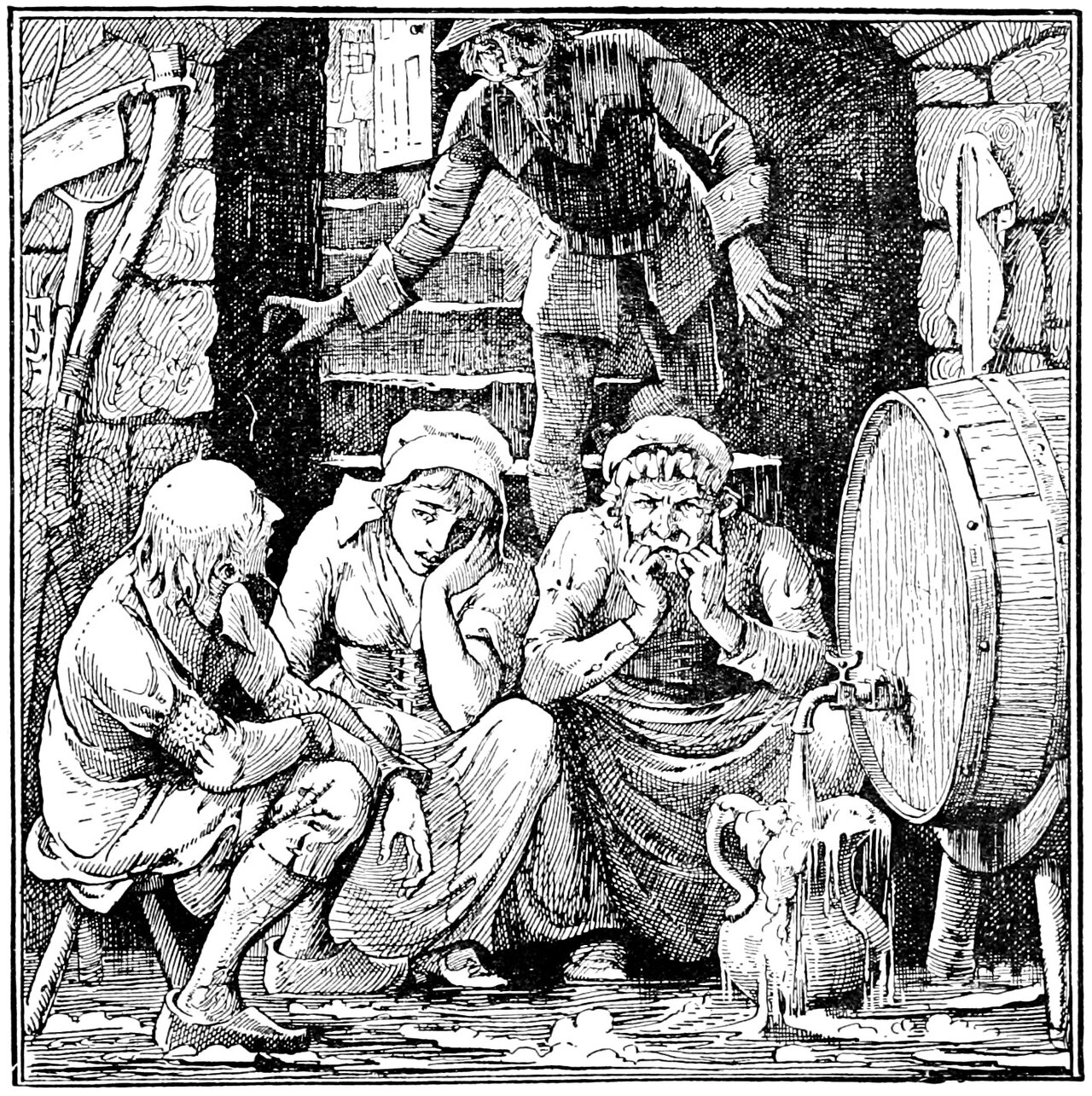 In a stone cellar the lover stands on the steps in a broad-brimmed hat, both arms flung out and his hands open, leaning forward over three seated figures below him: the balding father hunched on a low stool with his fist at his mouth, the daughter in a white cap resting her cheek on her hand, and the mother in a frilled cap pressing both hands to her lips and frowning, while beside them the open tap of a cask on its stand runs into a jug that has overflowed and spread froth over the flooded floor
