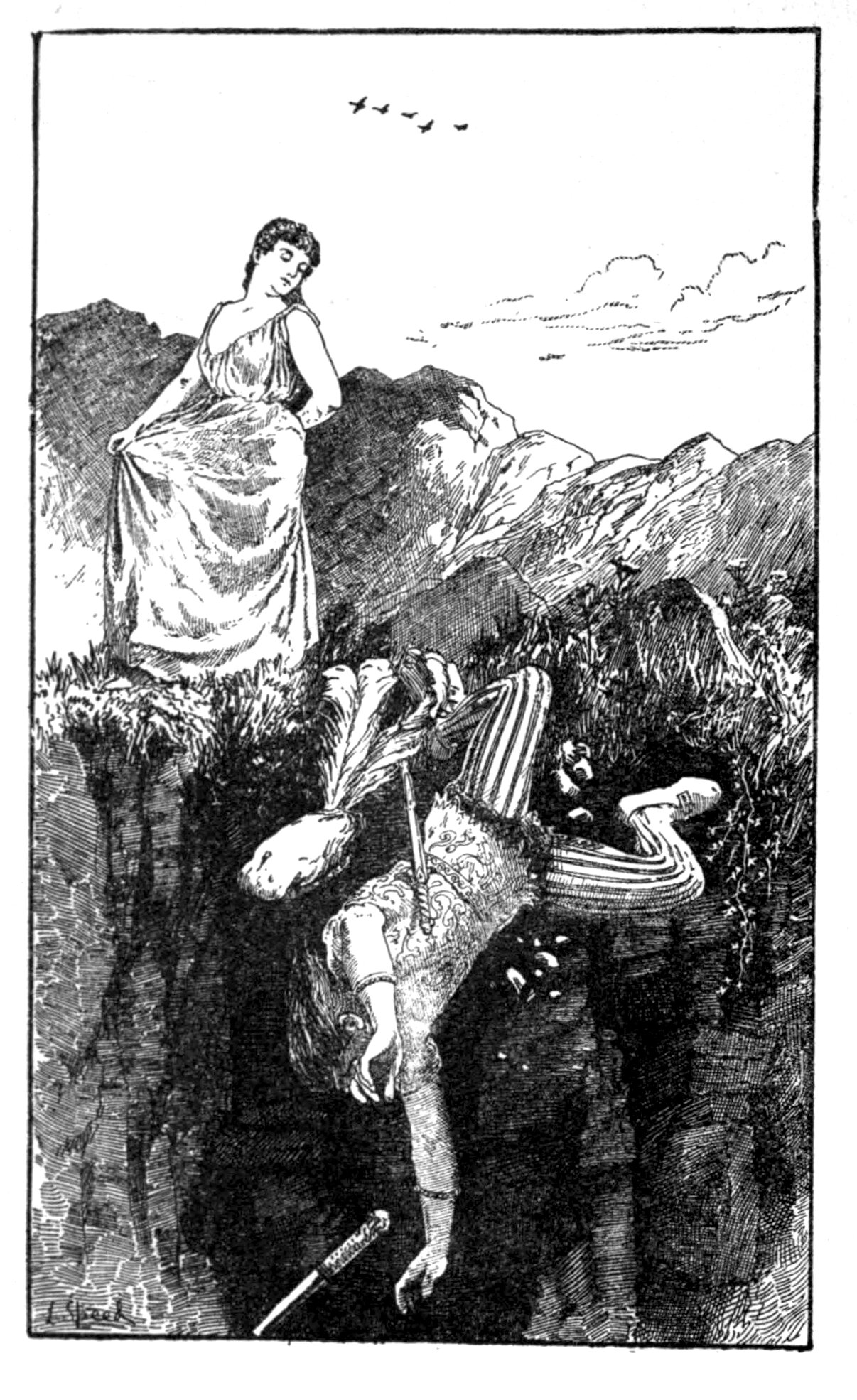 The Princess Mayblossom stands at the top of a cliff, holding up a fold of her plain gown and looking down over the edge, while Fanfaronade falls head downward past the dark rock beneath her with his legs above him and his arms hanging, a plumed hat and a hilted dagger dropping separately alongside