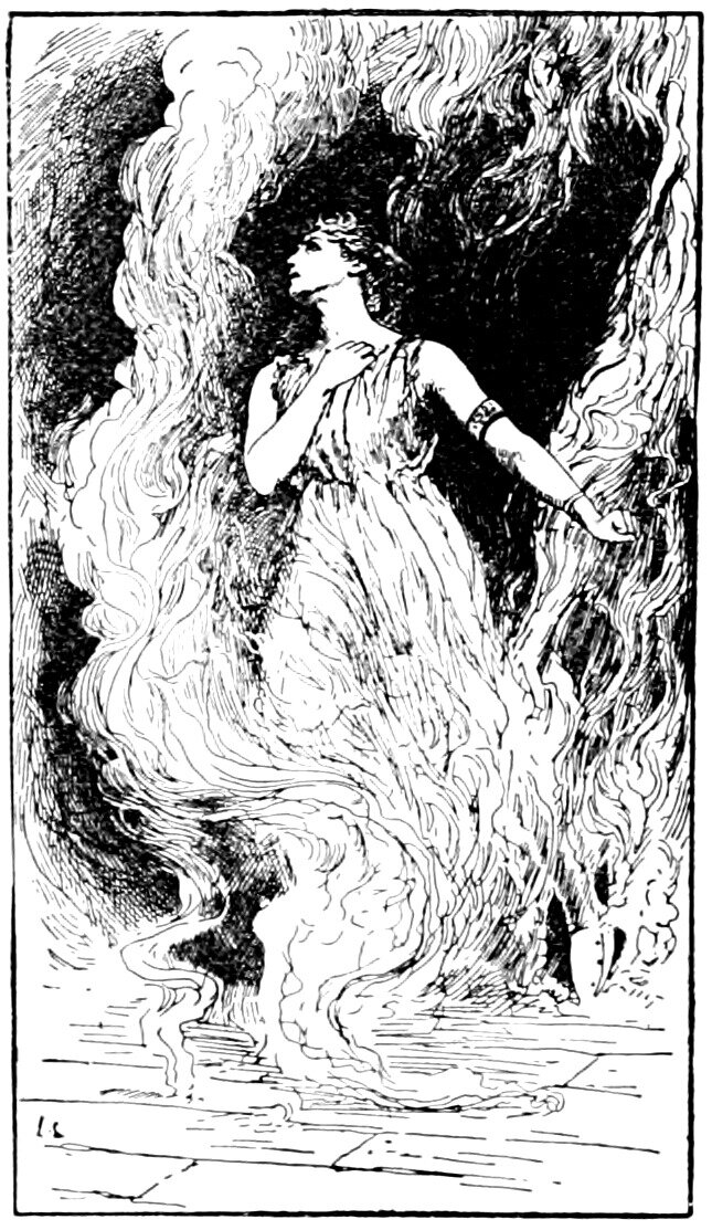 A woman in a loose sleeveless gown, a band across her dark unbound hair and an armlet on her bare arm, stands on a flagged floor with her face lifted, one hand at her breast and the other arm stretched out open-handed, while tall tongues of flame rise around her and hide her feet