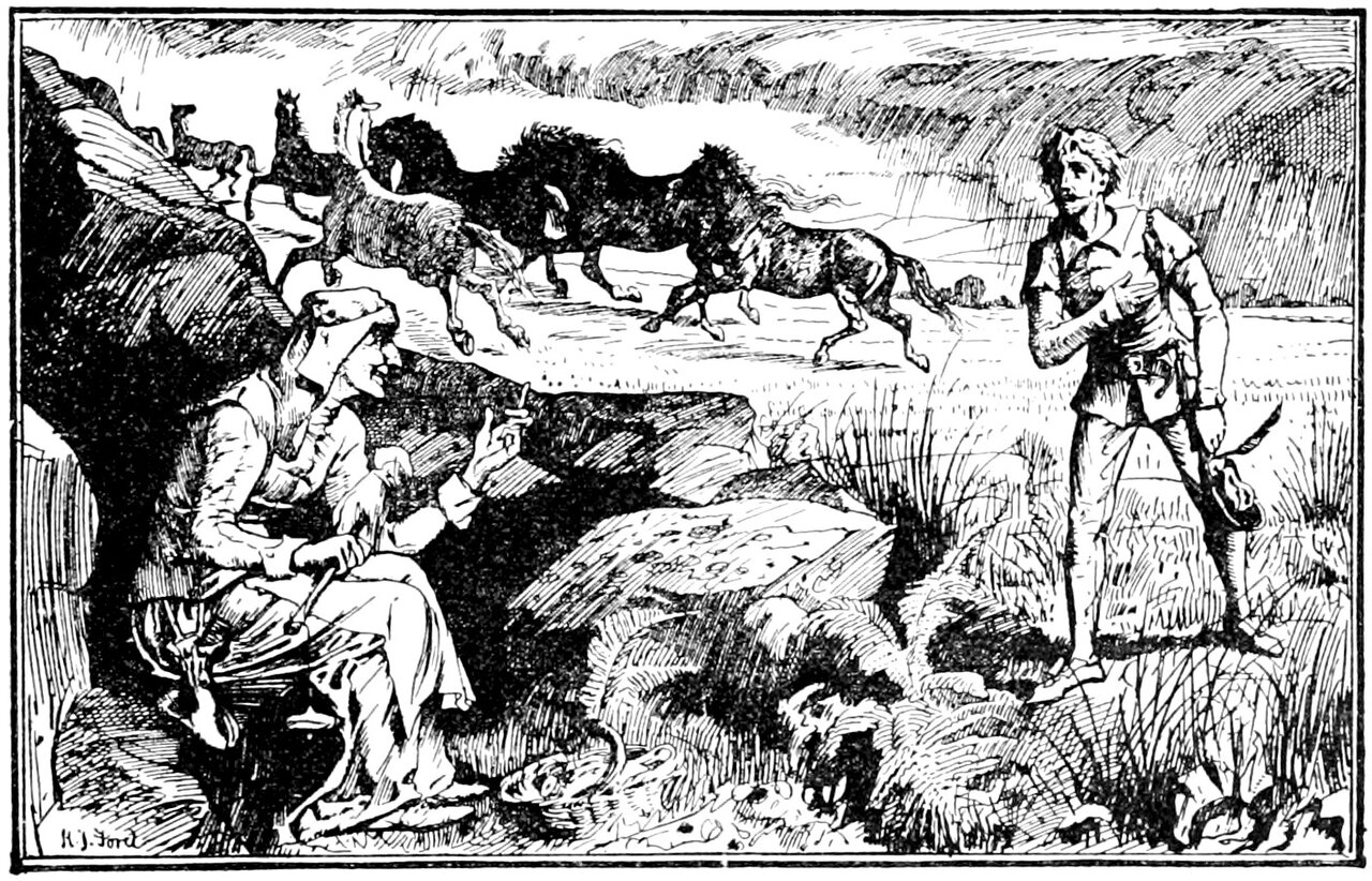 The old hag sits hooded in the cleft of a rock at the left, her mouth open and one hand raised with the fingers pinched, a long staff laid across her lap, while a young man stands out in the rough grass at the right with one hand pressed flat to his chest and his face turned toward her, and a band of loose horses streams across the open moor behind them