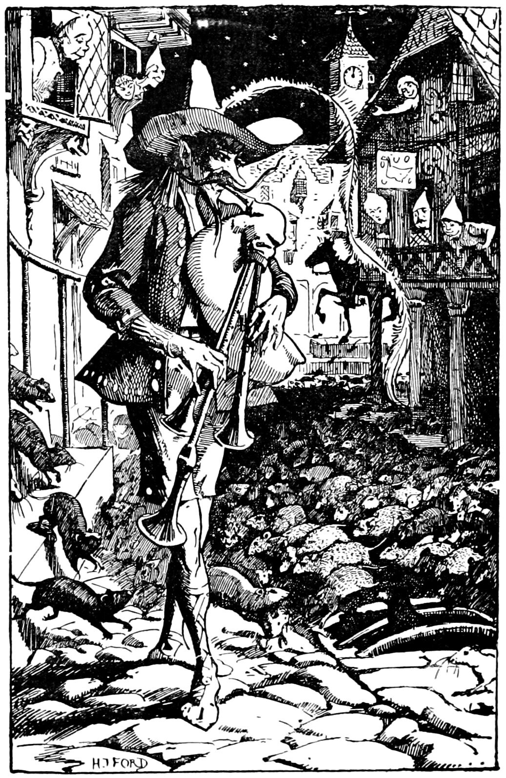 The ratcatcher, a tall gaunt man in a broad hat with a long trailing feather, walks down a cobbled street at night playing his bagpipes, a dense swarm of rats filling the street beside him and single rats running past his sandalled feet, while townspeople in nightcaps lean from the windows and galleries of the houses on either side and a clock tower and the moon stand behind him in a starred sky