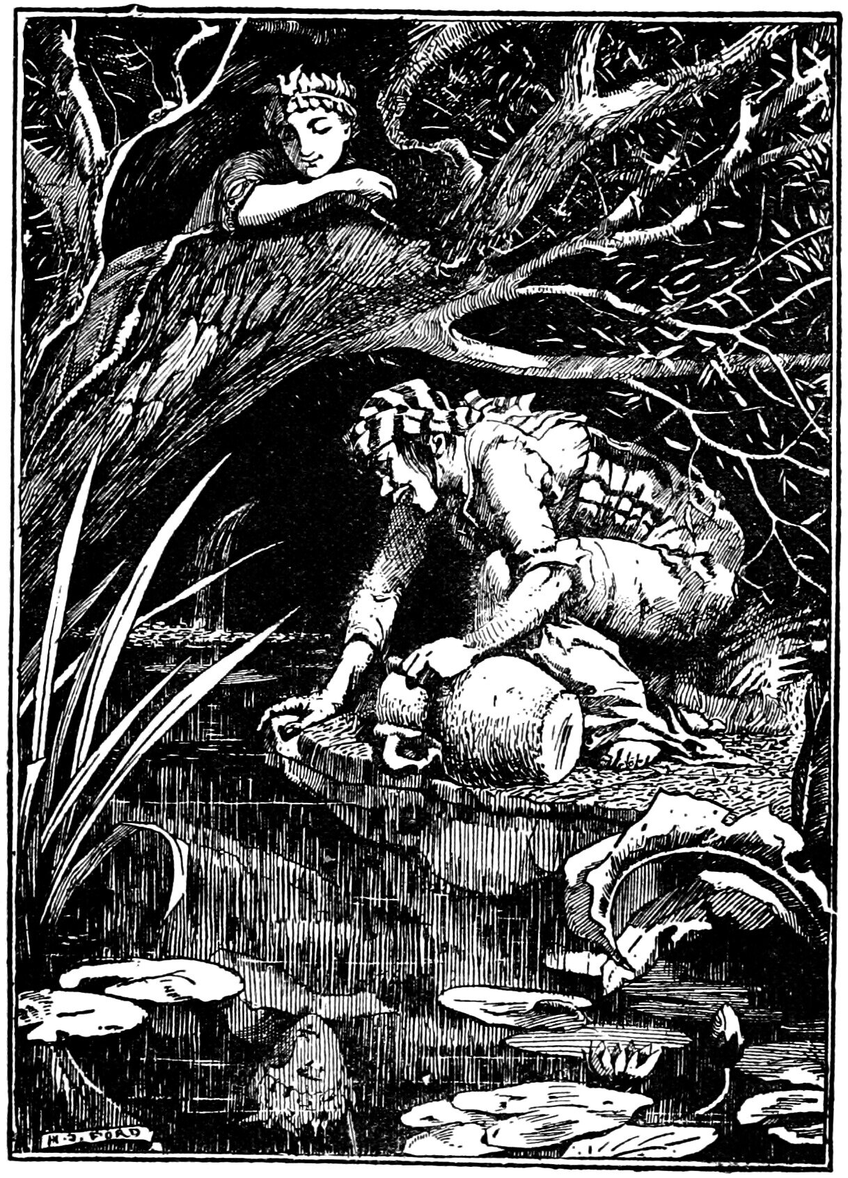 Zizi, in a spiked circlet, lies along the leaning trunk of a tree above a still pool, arms folded and eyes cast down, while below her Titty kneels barefoot on the stone kerb in a striped headcloth and patched skirt, one arm reaching down into the water, a large round-bellied jar lying on its side beside her and a girl's face showing reflected among the lily pads