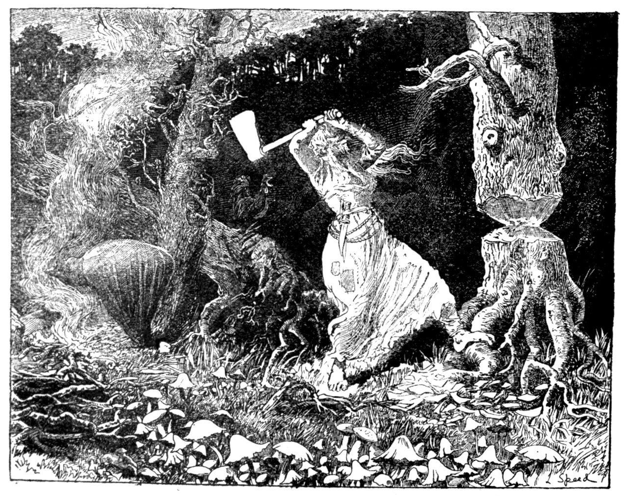 One of the three witches, a wild haired old woman barefoot in a loose pale shift with a cord girdle, kneels on the forest floor with a broad bladed hatchet gripped in both hands above her head, while beside her a tree stands chopped clean through, its upper trunk balanced clear of the fresh cut face of the stump, a cock crowing on a branch in the dark behind her and a thick bed of toadstools crowding the foreground