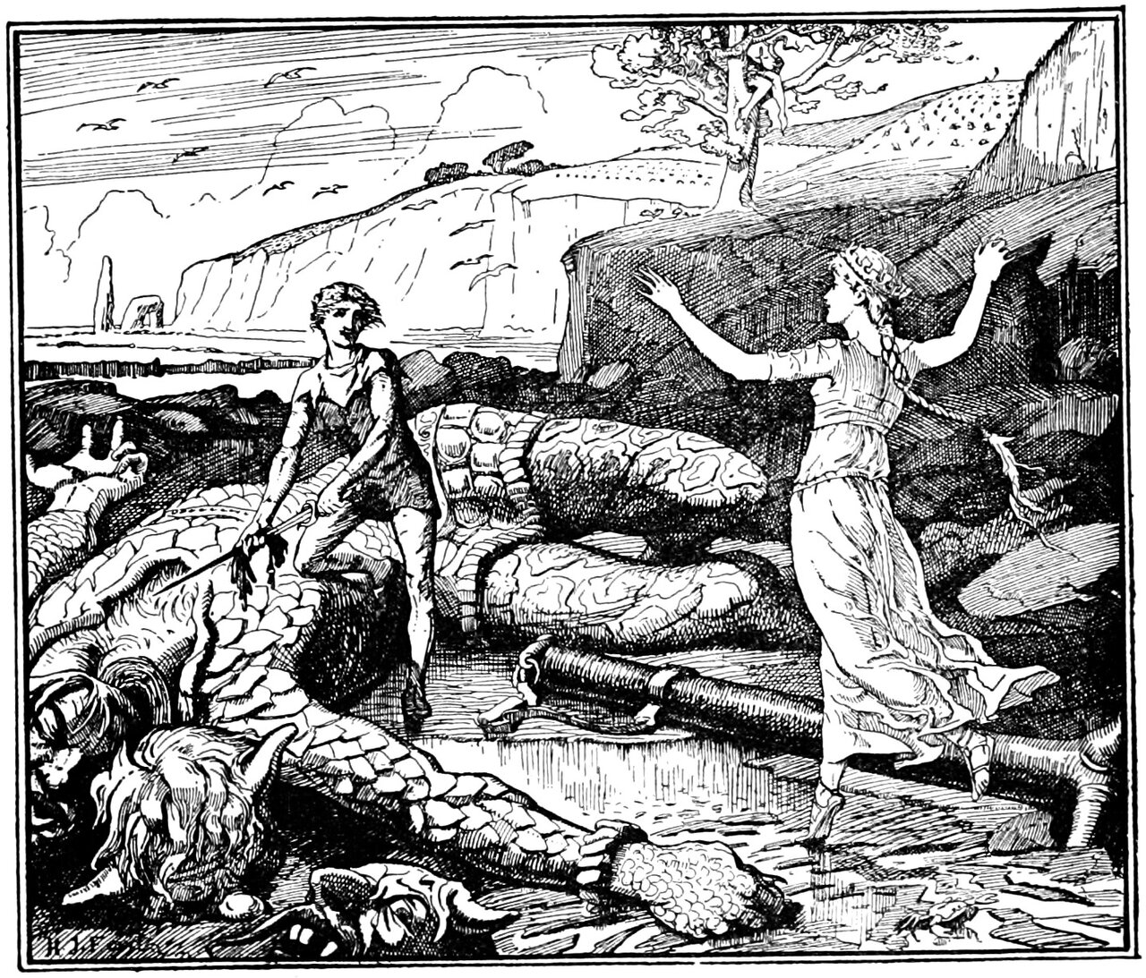 Minnikin, a ragged barefoot boy, stands among the huge scaly coils of a slain many-headed Troll on a rocky shore with his sword lowered and blood dripping from the blade, several shaggy horned heads lying severed on the sand in the foreground and a heavy banded iron club on the ground beyond, while the Princess, in a long belted gown, sandals and a circlet, steps toward him with both arms flung out, chalk cliffs and the sea behind them