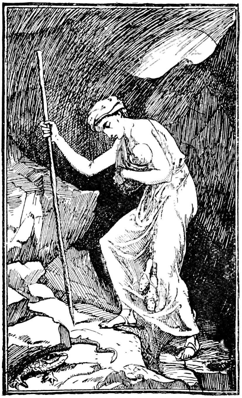 The Princess toils rightward over broken rock in the dark, bent forward with a long straight staff in her raised right hand and a swaddled baby cradled against her breast on her left arm, a cloth bound over her hair, her right shoulder bare, a pair of stud-soled shoes slung at her girdle, a scaly long-snouted lizard crawling from the stones in the lower left corner, and a pale wedge of light breaking the heavily hatched night sky above her