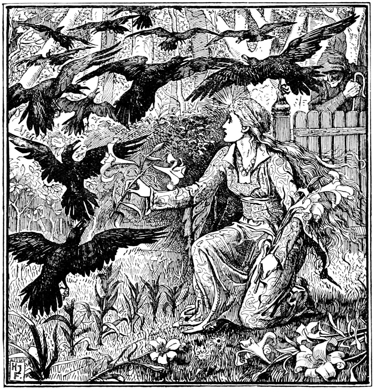 The Princess kneels in the garden grass with a bunch of cut lilies held against her knee and one bare arm stretched out over the lily bed, a burst of rays springing from her forehead, while large black ravens fly up on every side among the trees and an old woman in a hood leans on a crook-headed staff at the paling fence behind her