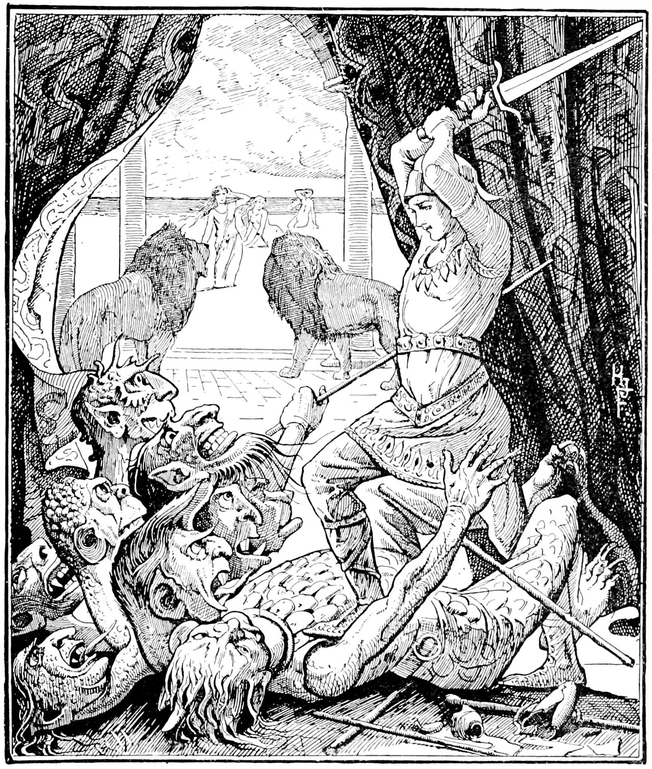 A young man in a close-fitting cap and a belted tunic raises a sword in both hands above his head as he stands over a fallen troll whose many grotesque heads lie heaped on the tiled floor at his feet and whose clawed hand still grips a long thin rod, a small flask lying overturned and spilling beside them, two lions standing quietly on the floor behind him, and three young women standing on a shore far off through the pillared opening
