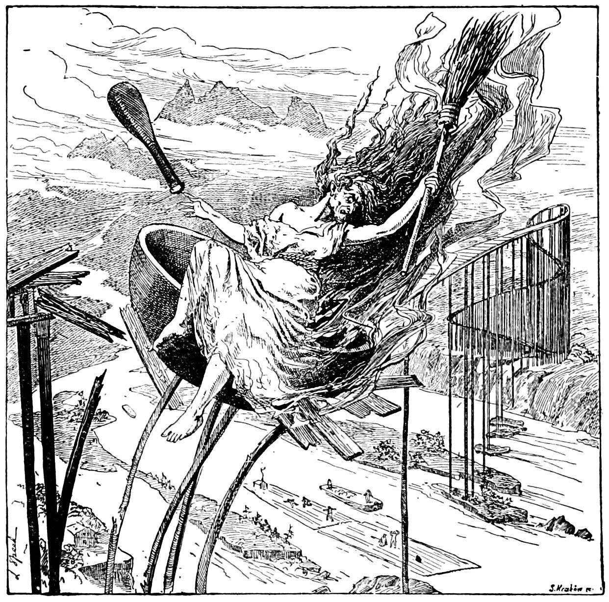 The Baba Yaga is flung backwards in her tub-shaped mortar, one bare leg over its rim, amid splintered planks and snapped piles where the high plank bridge has given way, her broom still gripped in one raised hand and her pestle tumbling loose in the air beyond the other, her hair and gown streaming and her mouth open, while the standing half of the bridge runs off to the right on tall slender piles above a river where tiny figures, a boat and a hut lie far below