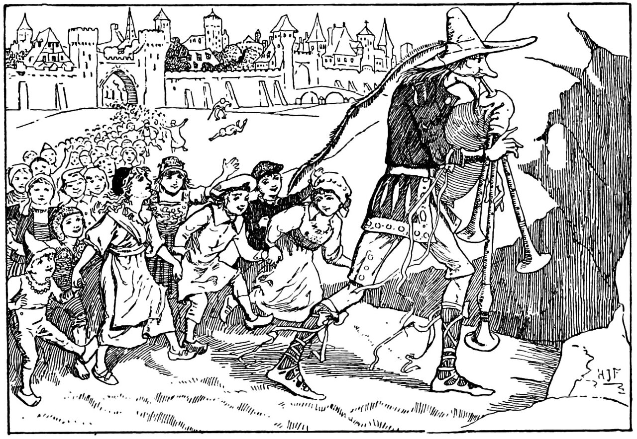 The ratcatcher strides away from a walled town towards a steep rock face, playing his bagpipes, followed by a crowd of boys and girls who run and dance after him, the nearest girl catching hold of a ribbon that trails from him, while two small stragglers are left behind on the open ground, one of them lying flat