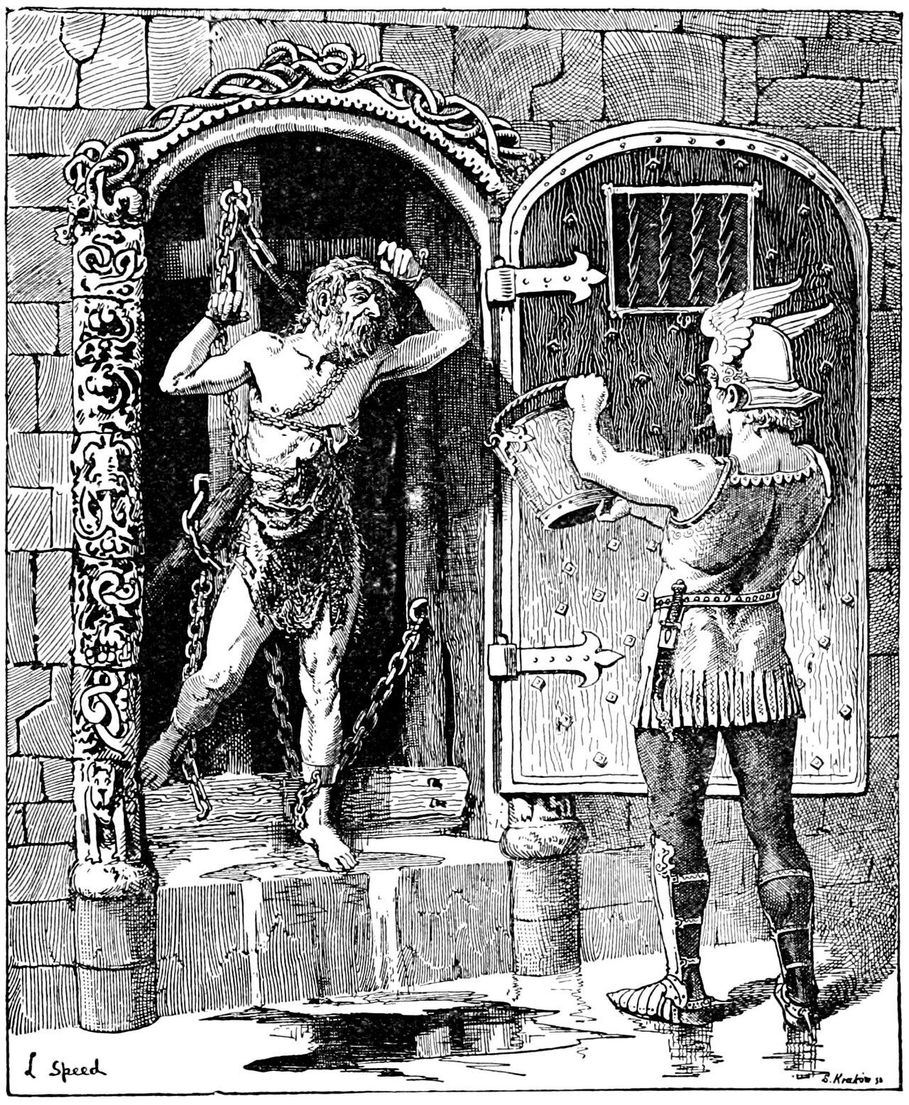 Prince Ivan, seen from behind in a winged helmet and armour, lifts a wooden bucket toward Koshchei the Deathless, who stands in a carved stone recess behind an open studded iron door, gaunt and bearded, chained at wrists, chest and ankles, both hands raised on his chains and his mouth open, with water lying in pools across the flagstones