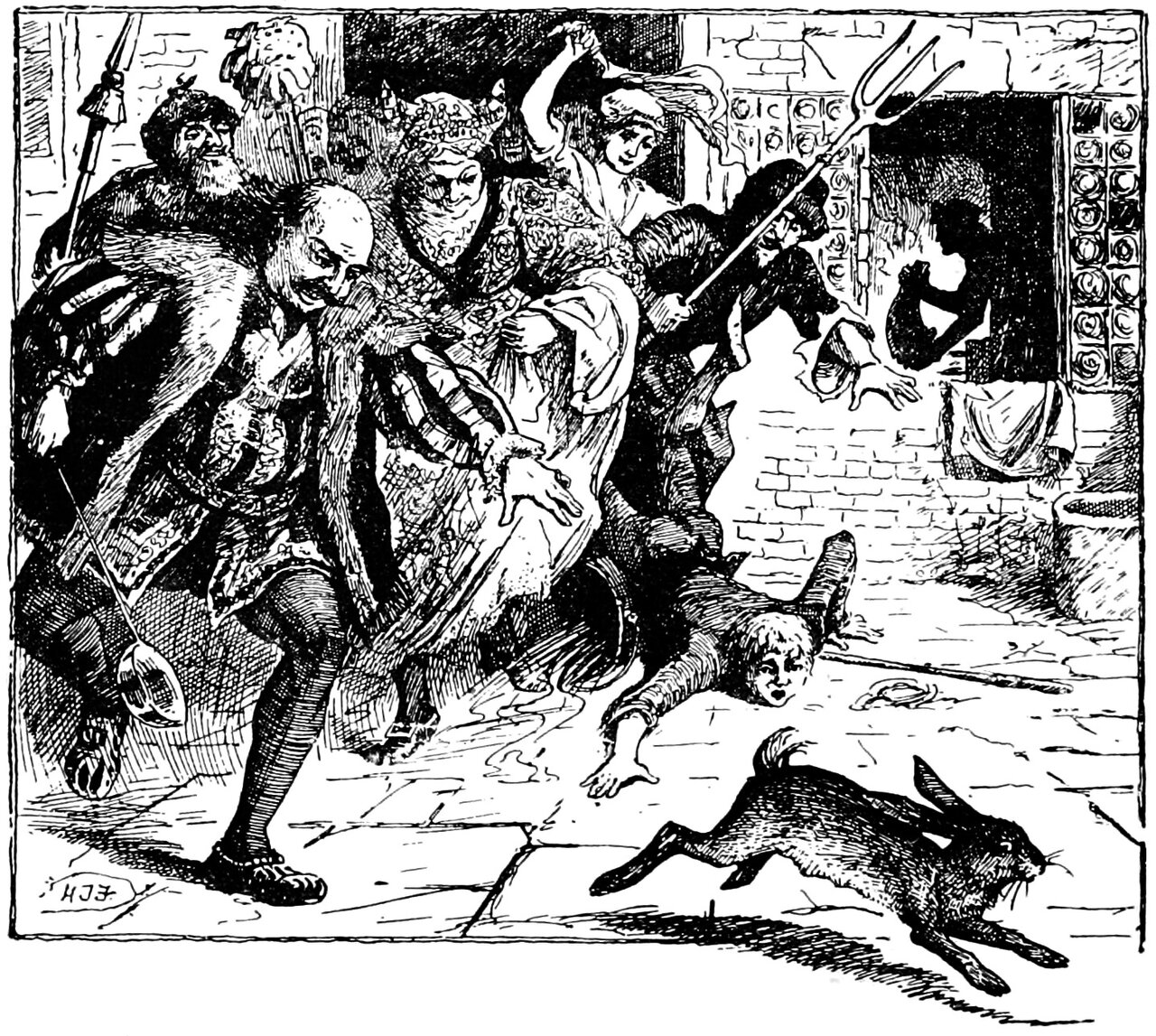 A hare bounds away across the flagstones of a yard while the people of the house pour out after it, a bald man in doublet and hose leading, with a bearded man in a fur-trimmed cloak, a richly dressed woman in a jewelled headdress holding up her skirt, a maid swinging a cloth above her head, a man in a broad hat raising a long three-pronged fork, and a boy sprawled flat on the paving