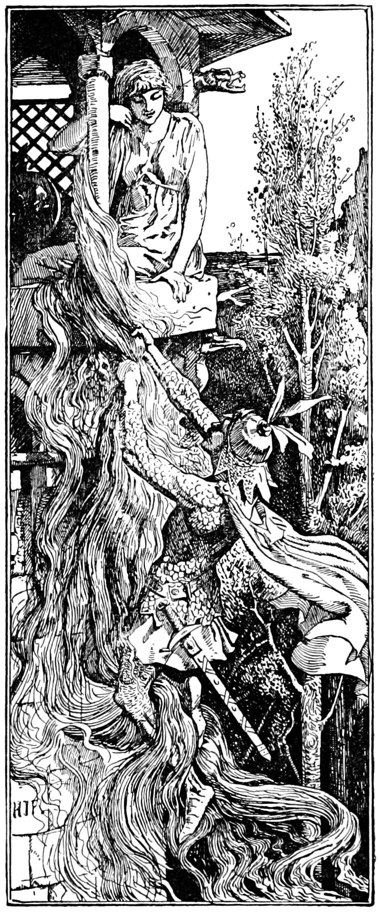 Rapunzel sits in the arched window at the top of a tower, head bowed and eyes lowered, one hand resting on the stone sill, while her immense wavy hair pours over the sill and falls the whole height of the plate, and below her the Prince, in scale armour with a plumed round cap, a dagged mantle, a streaming cloak and a sheathed sword hanging at his side, hangs against the tower gripping the hair in both raised hands as he climbs, a carved beast's head with an open mouth jutting from the wall beside the window and slender bare trees rising at the right