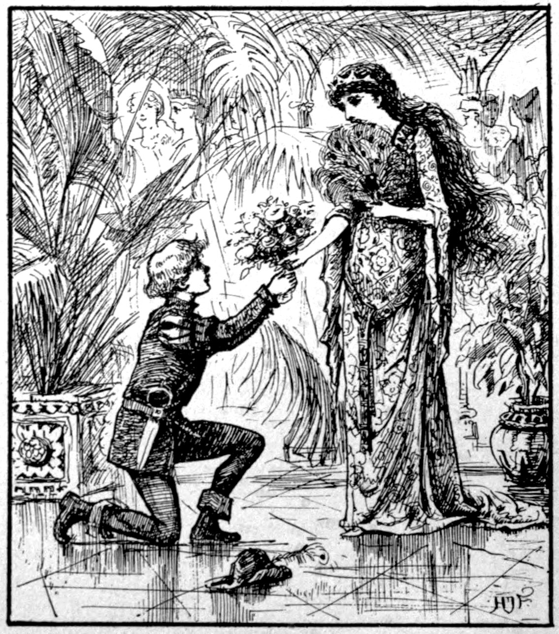 Michael the garden boy, in a belted doublet, hose and turned-down boots, kneels on one knee on a polished floor and holds up a bouquet to a crowned princess in a long patterned gown, who carries a feathered fan and reaches out to take it, his plumed cap lying on the floor beside him and several faintly drawn onlookers watching from among the palms behind