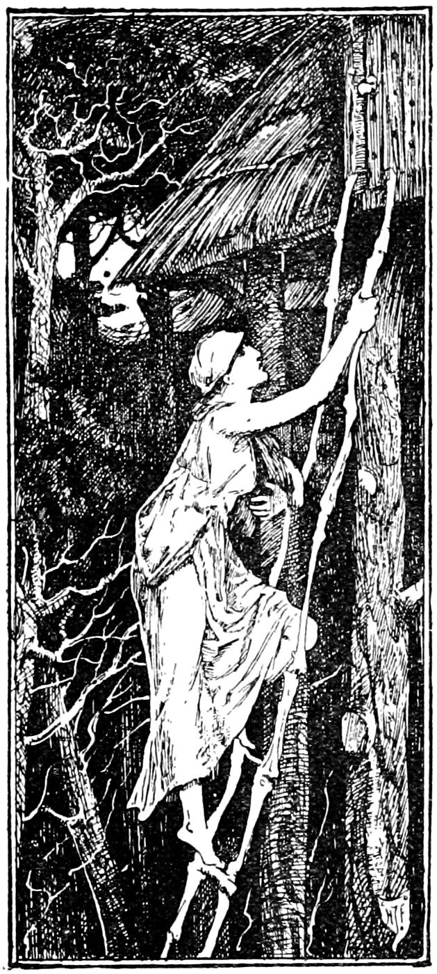 The Princess climbs a ladder whose pale rails and rungs are knobbed lengths joined end to end, propped against the log wall of a windowless hut in a black wood, one bare foot on a rung, her right arm stretched up to grip the rail and her left hand gathering a dark wrap at her side, her head covered by a close cap, with the hut's door set high in the wall under an overhanging thatched eave and bare branches filling the left of the frame