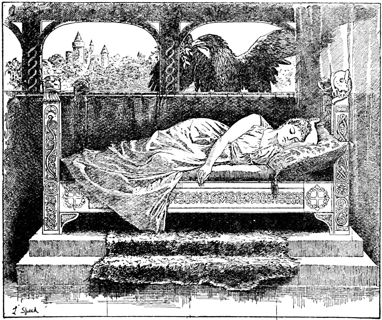 A young woman lies asleep on a low carved couch raised on steps, one bare arm hanging over the edge, while behind her a great eagle with outspread wings perches in an arched opening holding a leafy branch in its beak