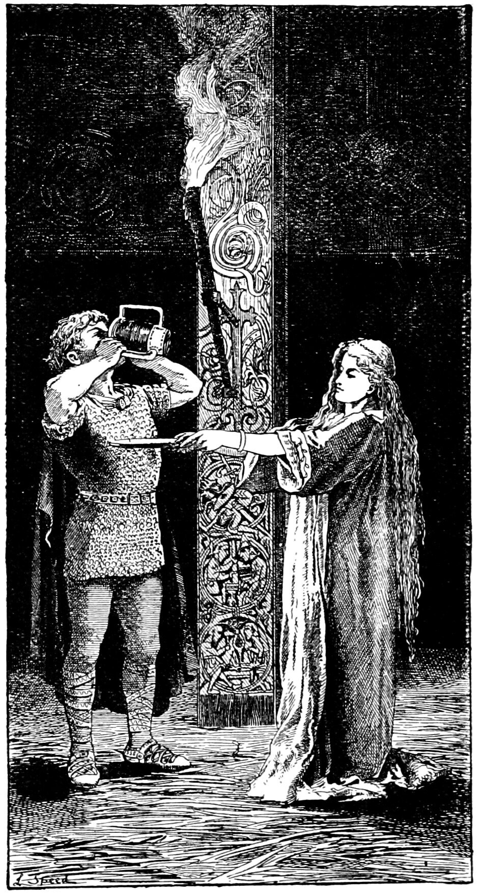 In a dark hall a young man in a scaled mail shirt tips a large two handled tankard to his mouth with one hand while a young woman in a mantle, her loose hair falling past her knees, stretches both bare arms towards him and closes her hands on a long slender object held out at waist height between them, a tall post carved with interlace and serpents standing behind it with smoke rising from its top