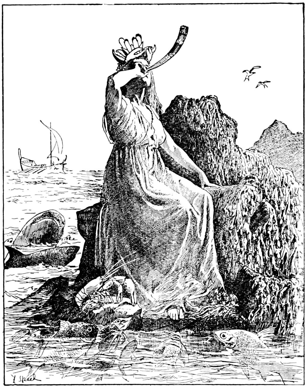 The old woman who rules the fishes sits on a seaweed-hung rock at the sea's edge, her head tipped back under a spiked crown of upright leaf shapes, blowing a long curved horn held up in both hands, while fish crowd the shallow water round her bare foot, a lobster climbs the rock beside her and a large fish rises out of the water at the left, with a single-masted boat far out to sea and two birds in the sky at the upper right