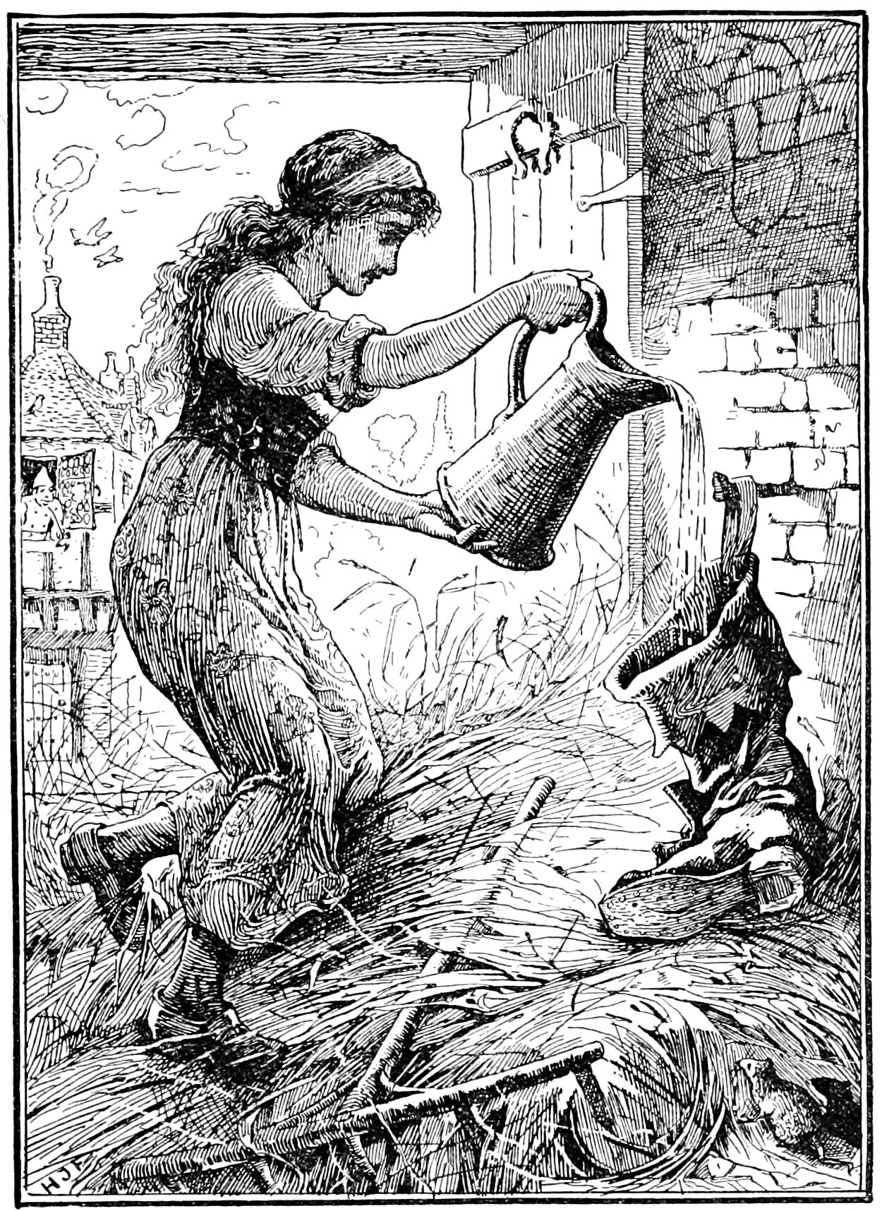 A girl kneels in deep straw, tipping a heavy jug with both hands so that a broad stream of water falls into the mouth of a tall boot slumped against a brick wall. A horseshoe is nailed to the boarded door behind her, and past her an open loft doorway looks out over tiled roofs, a smoking chimney, birds in the sky and a small figure leaning from a casement window across the way.