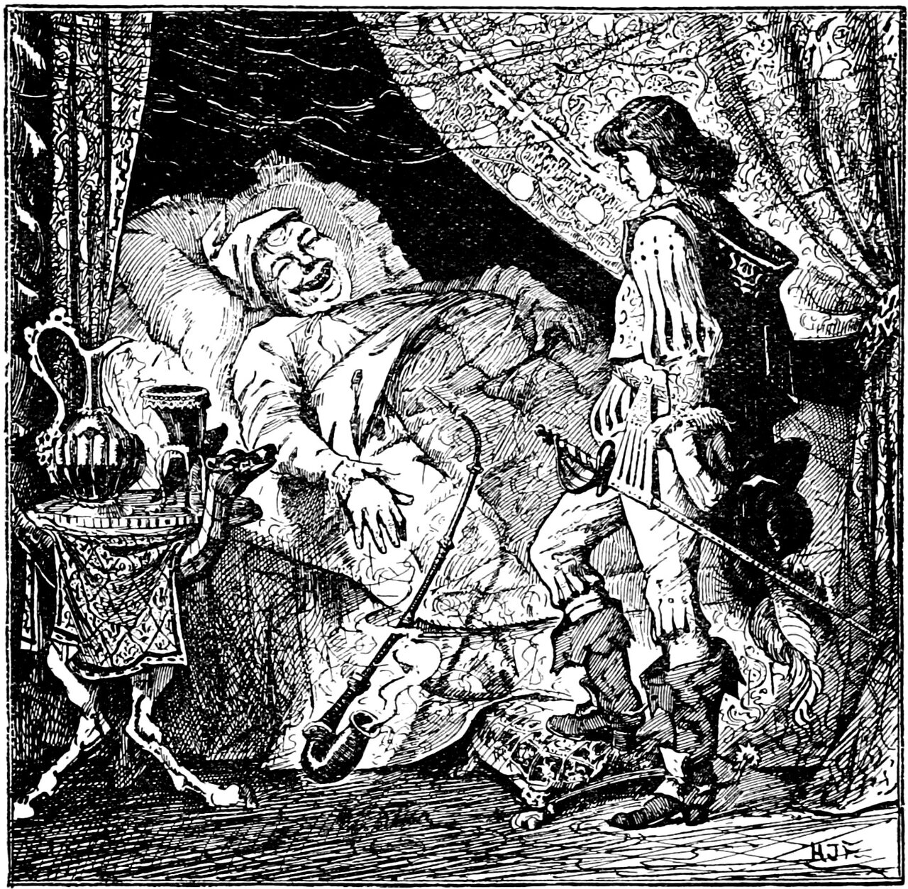 In a curtained bedchamber Tubby lies back on his pillows in nightcap and nightshirt, eyes screwed shut and mouth wide with laughter, one hand spread on the quilt, while Désiré stands at the bedside in profile, dressed for the road in doublet, high boots and spurs, a sword on a studded baldric and a plumed hat in his hand, and beside the bed a cloth-covered table carries a lidded flagon and two drinking vessels with a pair of slippers on the floor below