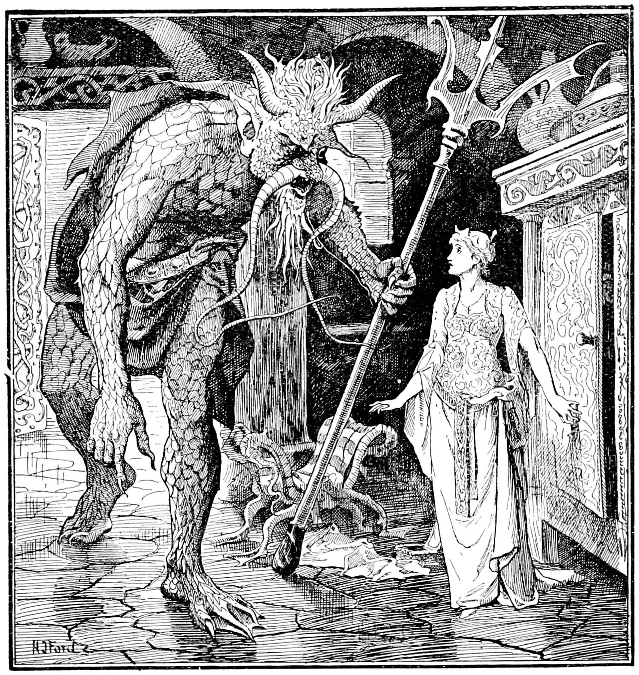 A huge scaly Troll with horns, pointed ears, a crest of flame-like hair and long segmented whiskers stoops beneath the beams of a stone-flagged hall, gripping the shaft of a long barbed spear whose butt rests on the floor, and faces the captive Princess, a young woman in a long pale gown and a circlet who stands with one hand held open at her side and the other at the edge of a tall carved cupboard door, with jars and pots ranged on a shelf and knotwork carving on the beam behind them