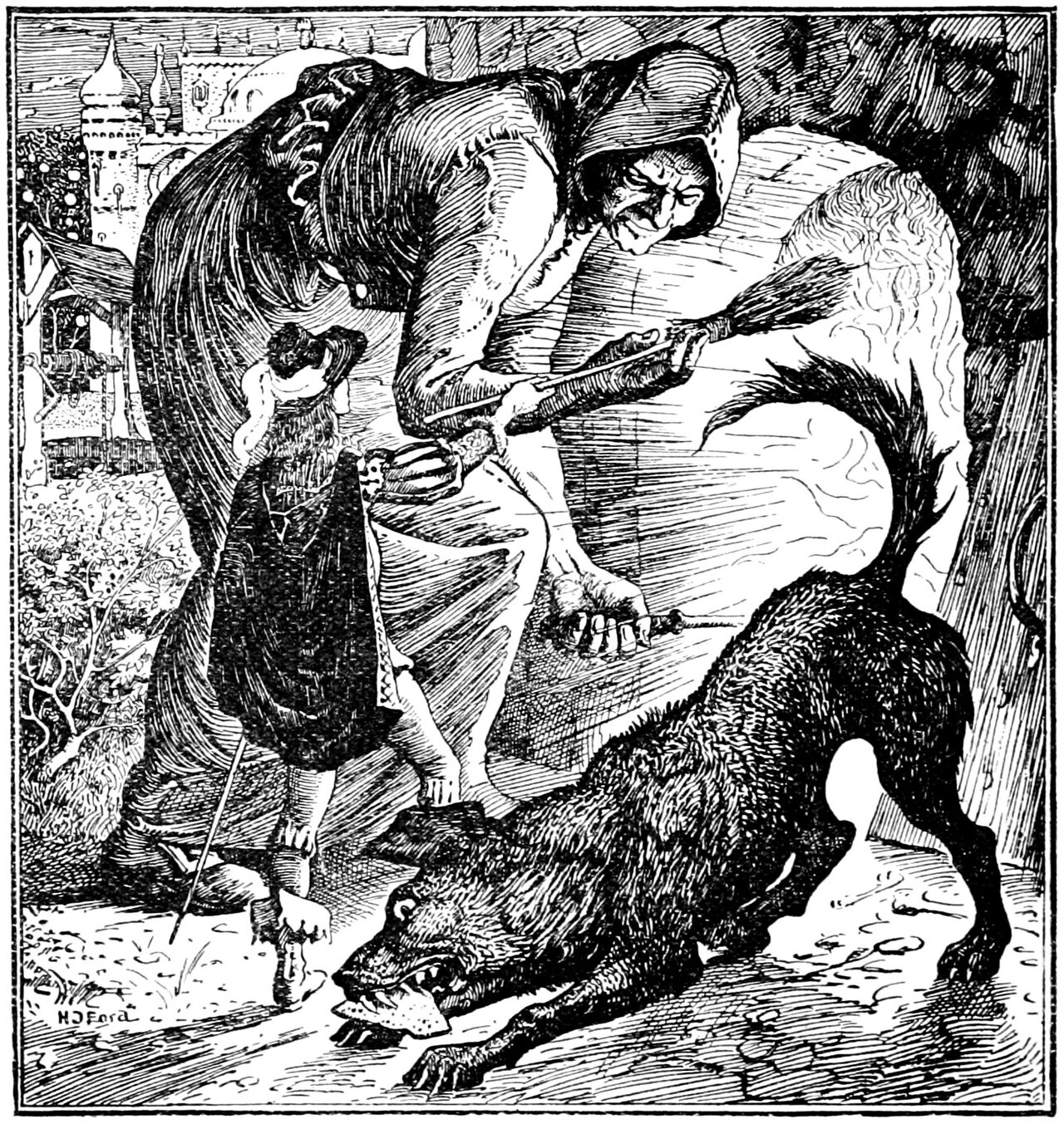 In a walled courtyard, with a towered castle, a fruit tree and a windlass well behind, a hooded old woman of giant size stoops and closes her huge hand on the handle of a long besom that Désiré, who reaches barely to her knee, is holding up to her, while at the right a great shaggy dog crouches low with a flat speckled cake in its teeth