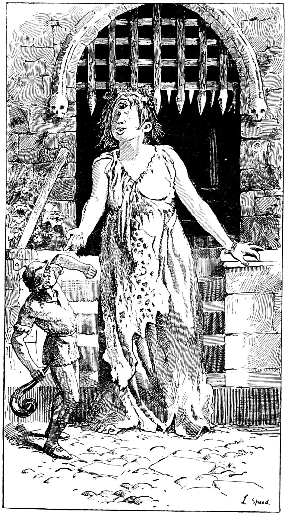 The Giantess fills the castle gateway beneath a raised portcullis, only one eye drawn in her upturned face and a garland on her loose hair, and Jack stands small at her side against the wall, leaning back with one fist raised and a coiled horn in his lowered hand, a skull hanging on the stones at either side of the arch