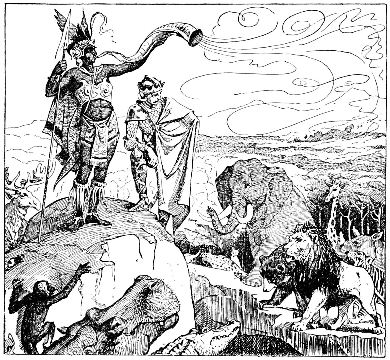 A dark-skinned man in a jewelled diadem with tall feathers, patterned armour and a scaled cloak stands on a rocky height holding a tall spear upright in one hand and blowing a great curved horn held to his lips with the other, streams of breath running from the horn's wide mouth across the sky, a crowned young man with a moustache in a long cloak and scale mail standing beside him with his head bowed toward the ground, while an elk, an ape climbing the rock, crocodiles, a spotted leopard on a ledge, an elephant with its trunk raised, a giraffe, a roaring lion, a bear and other beasts gather on the rocks and the open plain below