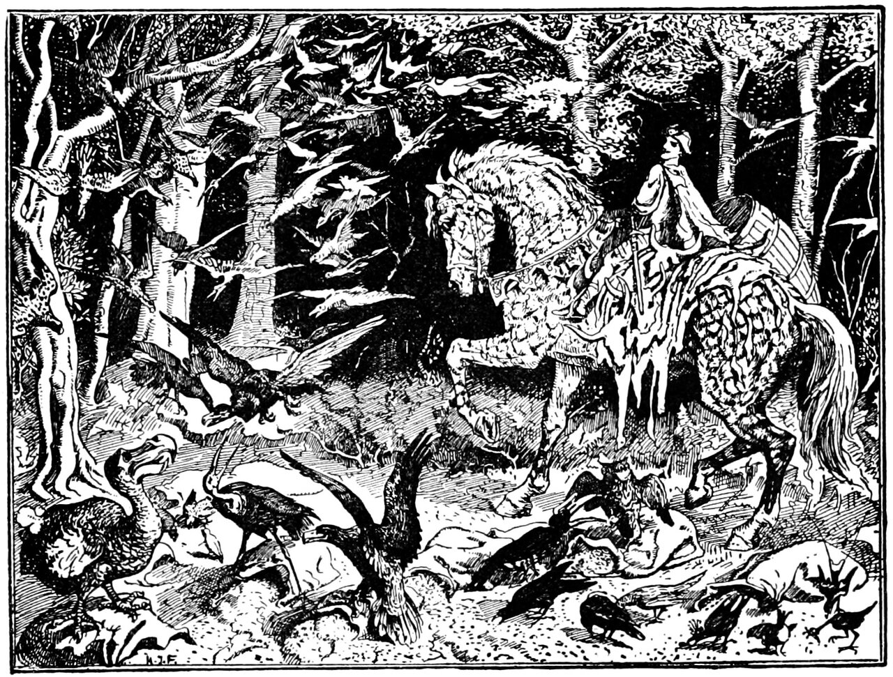 In a dark wood of tall bare trunks the youth sits astride Dapplegrim, a wooden barrel and bulging sacks lashed to the horse's back and a long knife held point down at his side, pale streams spilling from the load down the horse's flank, while the air above is thick with flying birds and the ground below is crowded with eagles, crows and long-billed birds pecking and squabbling over grain strewn across it