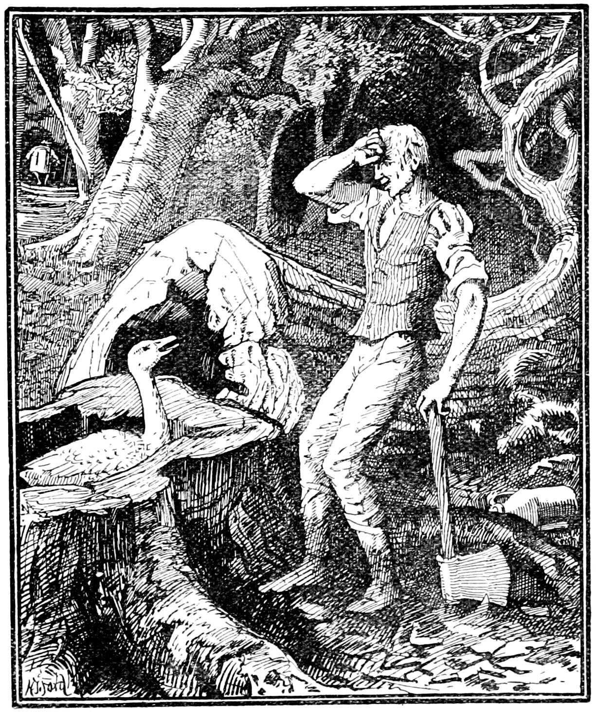Dullhead stands in the forest in shirtsleeves and waistcoat, scratching his head with one hand and resting the other on the handle of an axe whose blade sits on the ground, and looks down at a goose that squats with its beak open among the split roots of a felled tree beside him, while far off among the trees a small figure in a long coat walks away with its back turned