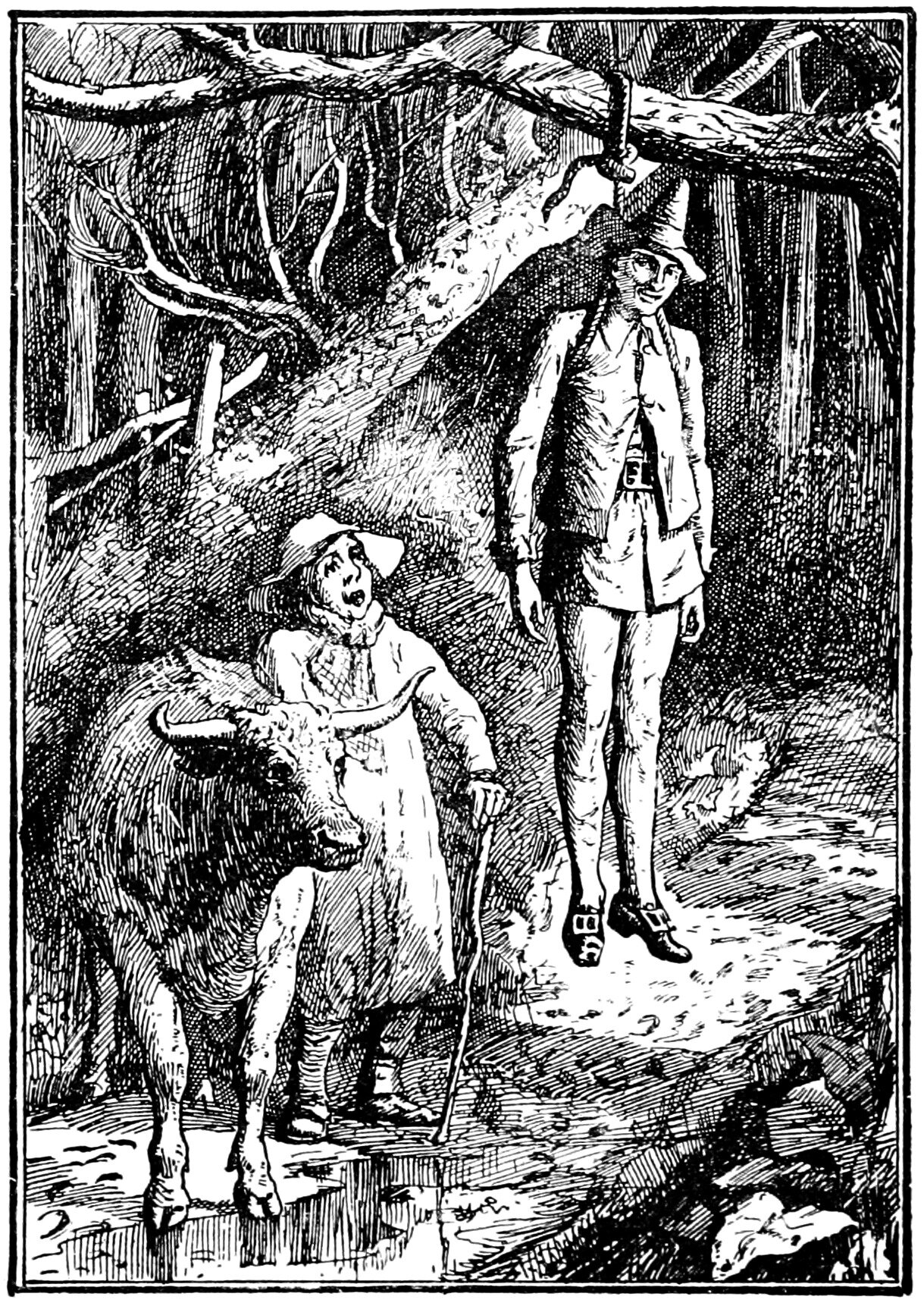 In a wood a young man hangs alive from a rope slung over a bough, the rope running down under his arms, and grins from beneath a tall pointed hat at the countryman below him, who has halted with his long-horned ox and stares up open-mouthed, gripping a stick