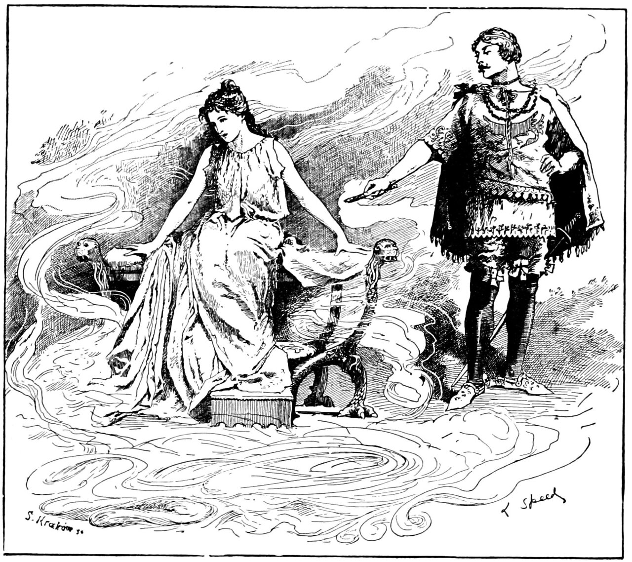 Graciosa sits on a low fluted plinth between two carved beasts' heads, her head bowed and a hand resting on the ledge at either side of her, with the great skein lying in loose loops of thread over the whole floor and all around her, while Percinet stands at the right in a fringed tunic and hose with a circlet on his head, holding out a slender wand