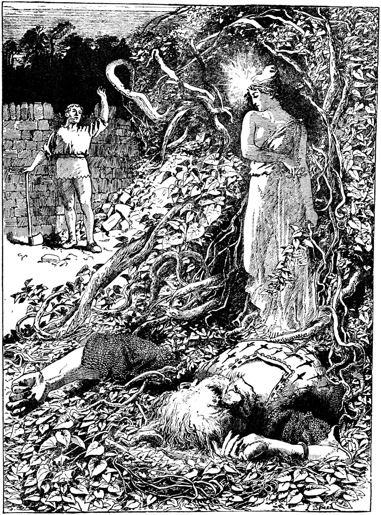 The Giant lies dead on his back in the heaped leaves and broken stems of the fallen Beanstalk, his head thrown back with hair and beard spread and both great hands flung open, while the Fairy, a woman with rays of light about her head and a wreath in her hair, stands above him with her head bowed and her hands folded, and Jack stands away to the left against a stone wall with one hand raised and the other resting on the handle of an axe whose head is on the ground