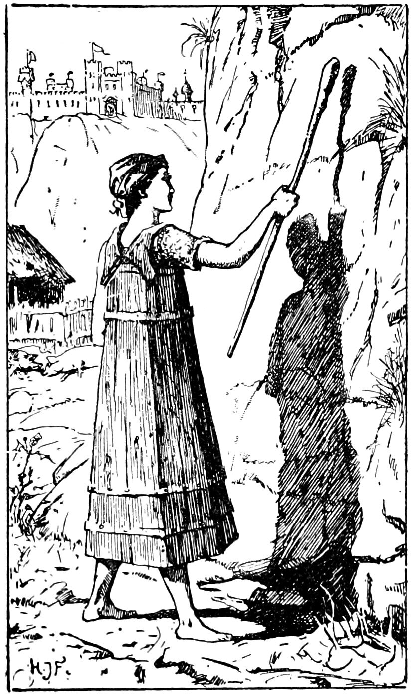 Kari Woodengown stands barefoot on open ground before a wall of rock, a cloth bound round her head, her arm raised to strike the rock with a long thin stick while her own shadow thrown on the rock repeats the gesture; behind her at the left a low thatched sty stands within a paled fence with pigs lying in front of it, and a battlemented castle with towers, an arched gateway, flags and two small figures on the wall rises on the hill beyond
