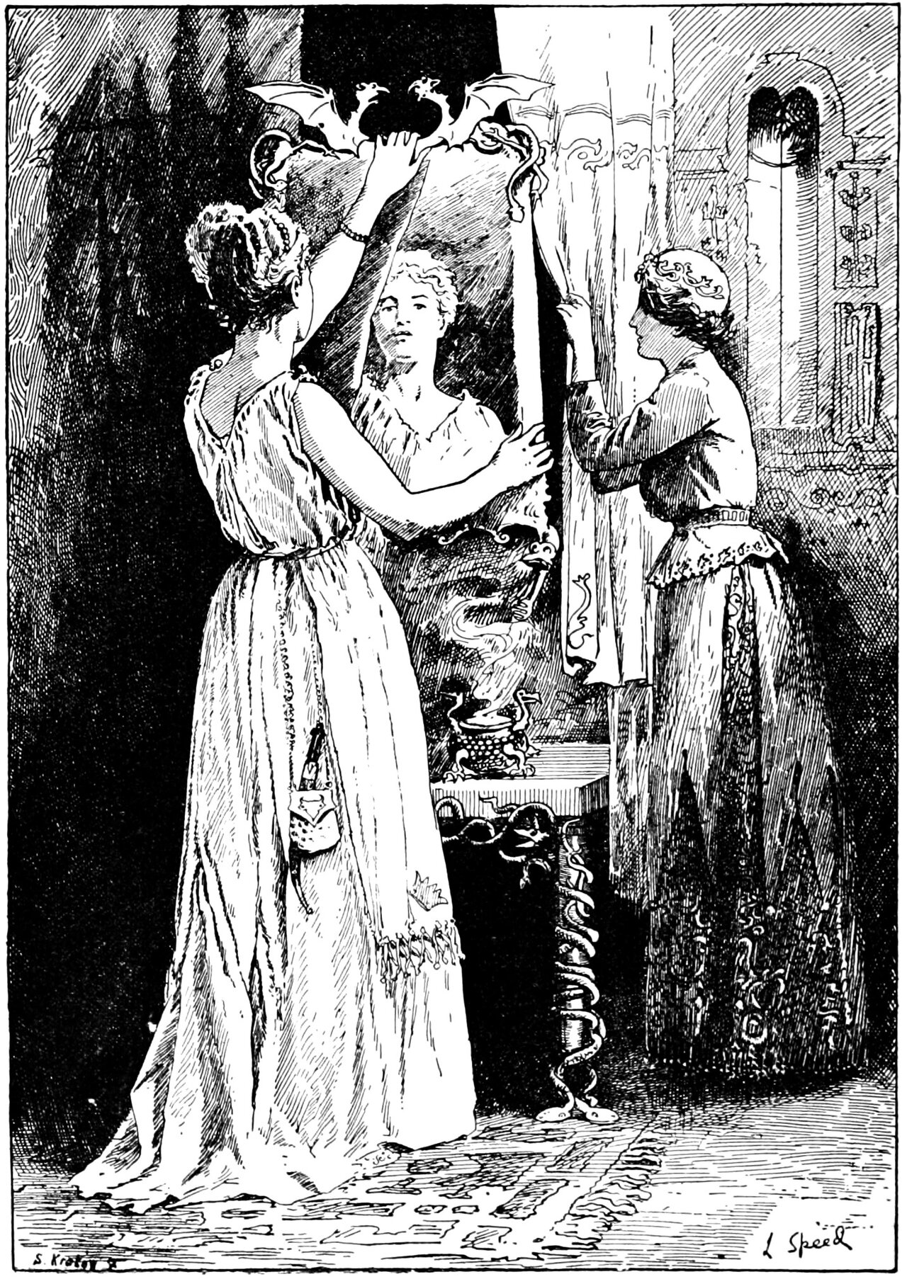 The Queen, a crown worked on the skirt of her pale gown, grips the frame of a tall mirror topped by a pair of bat-winged dragons while her own face looks back out of the glass at her, a second woman in a darker dress draws the hanging aside at the mirror's edge, and a censer smokes on a serpent-legged table below the glass