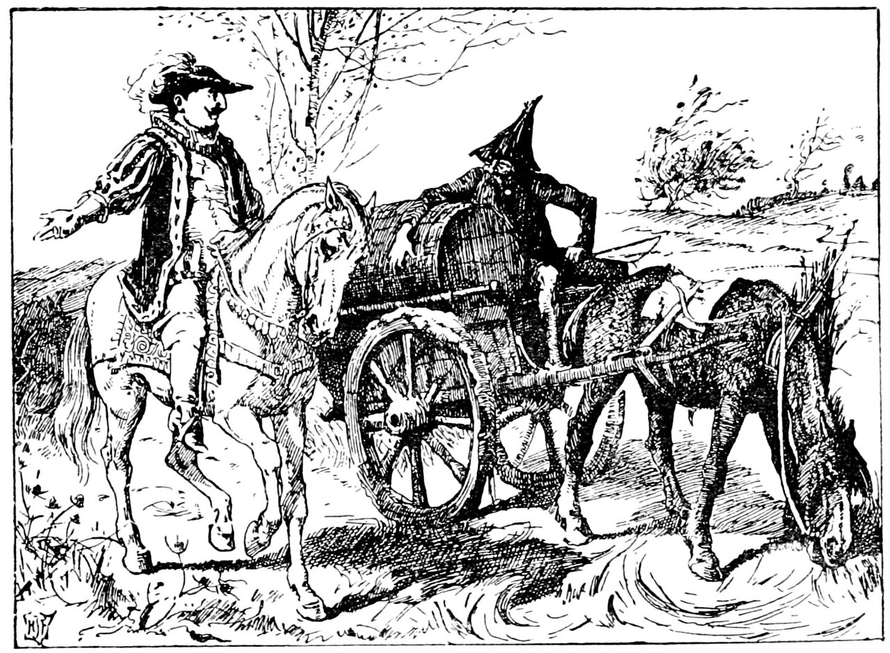 On an open road under bare trees a gentleman in a plumed hat and cloak, mounted on a light-coloured horse, turns to speak to a ragged carter in a tall pointed hat and flings one open hand out to the side, while the carter sits on a cart carrying a great cask on its side, drawn by a gaunt horse in a collar of sticks whose head hangs right down to the ground