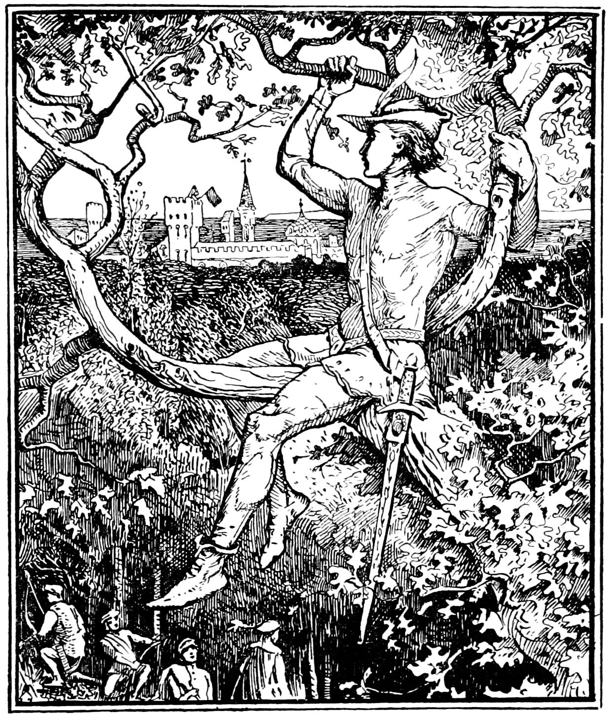 A young man in a feathered hat sits astride the bough of a great oak with a long sword hanging at his side, one hand gripping a branch above his head, looking out over the treetops to a walled castle where a tiny figure on the battlemented tower waves a dark flag, while four more young men wait in the shadow at the foot of the tree, one of them holding a bow