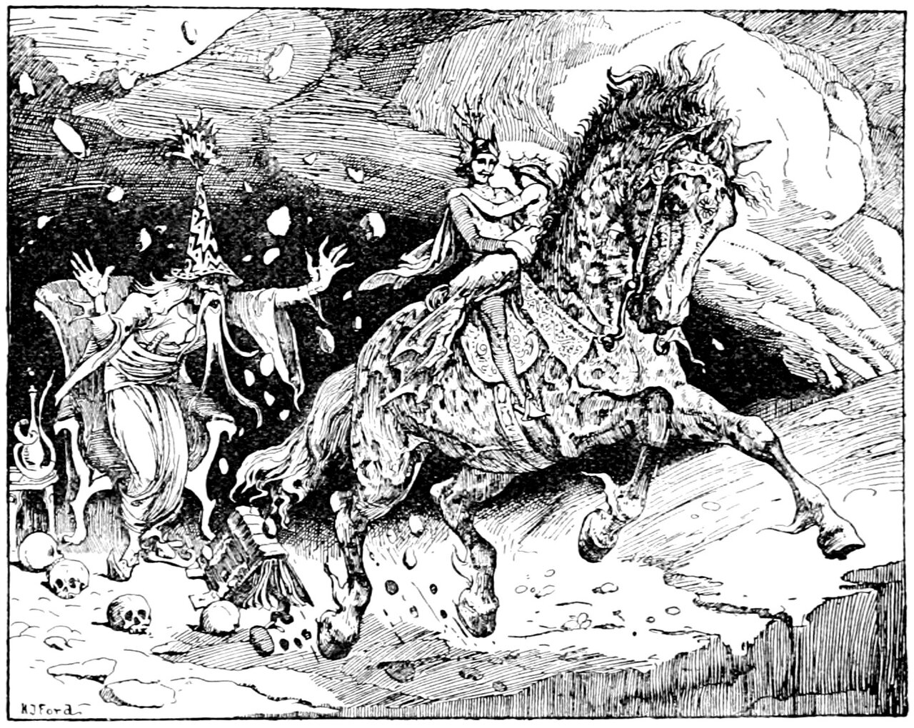 Dapplegrim leaps out of a dark cavern into the daylight carrying the youth, who wears a winged helmet and a flying cloak and holds the crowned Princess in his arms across the saddle with her face turned away from the viewer, while behind them the Troll, a gaunt barefoot figure in a long robe and a tall pointed cap with long trailing whiskers, stands beside a high-backed chair with both arms flung up, human skulls scattered on the floor at his feet