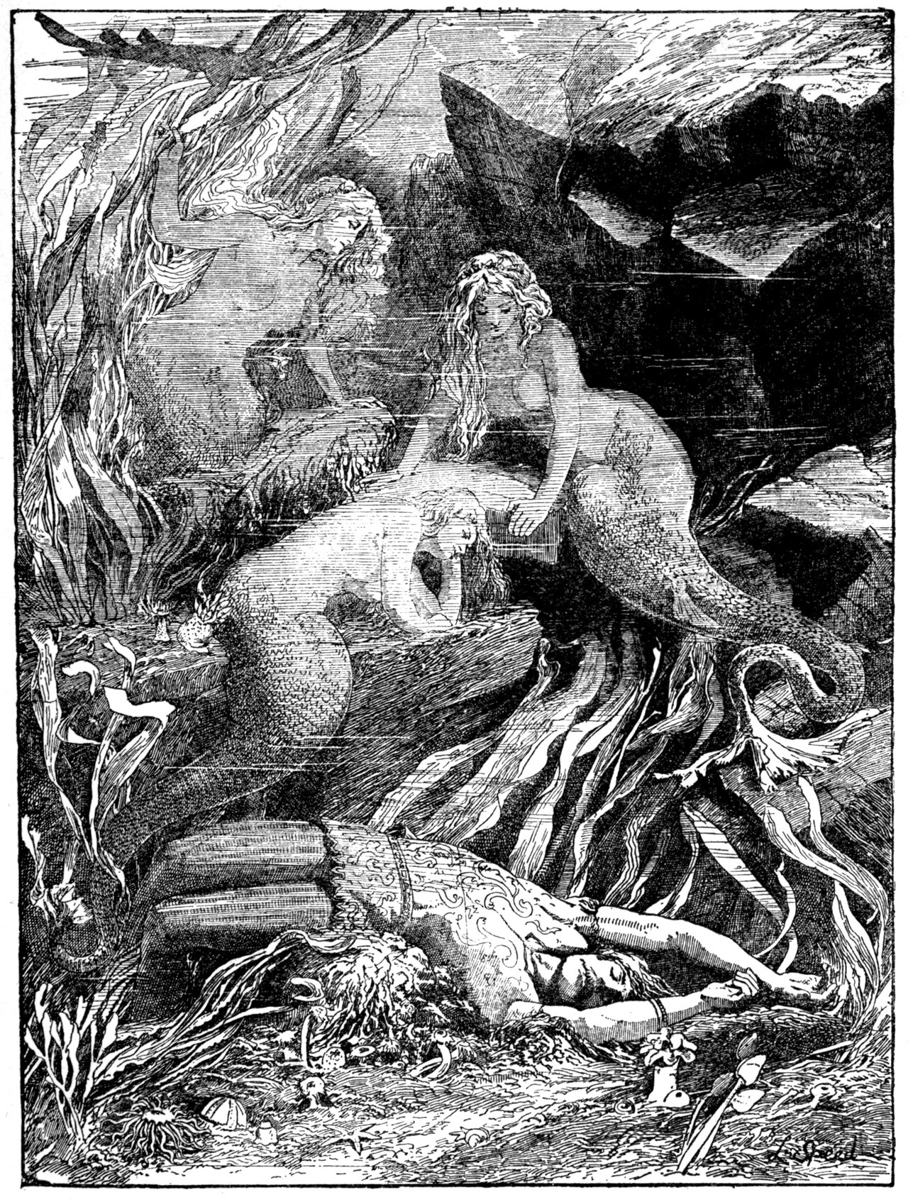 An undersea scene in which three mermaids with long loose hair and scaled tails rest among rocks and tall weed, one leaning on her hand with her head bowed, one lying face down along a pale ledge, one faint in the water behind, while on the sand below them Fanfaronade lies on his back in his embroidered doublet, eyes closed and arms flung wide, among shells, a starfish and a sea anemone