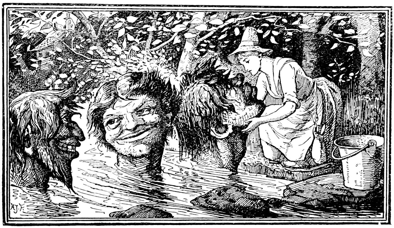 Three shaggy bearded heads rise out of a woodland stream and grin toward the bank, where the man's daughter kneels in a tall pointed hat with her sleeves rolled above the elbow, holding the nearest head's upturned face in both bare hands and bending her lips down close to it, with a pail standing on the rocks beside her and leafy branches overhanging the water