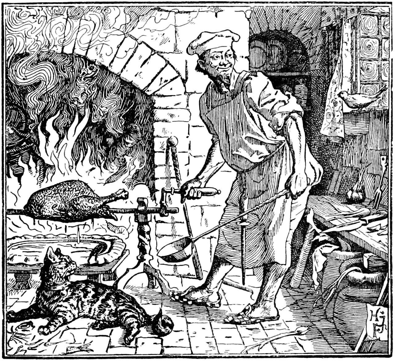In a stone kitchen a lean grinning man in a soft cap and apron turns the crank of a spit where a plucked goose roasts before a blazing arched hearth, a long-handled ladle in his other hand, and looks across at the canary perched on the sill of a leaded window, while a collared tabby cat lies stretched on the flagstones with its head raised