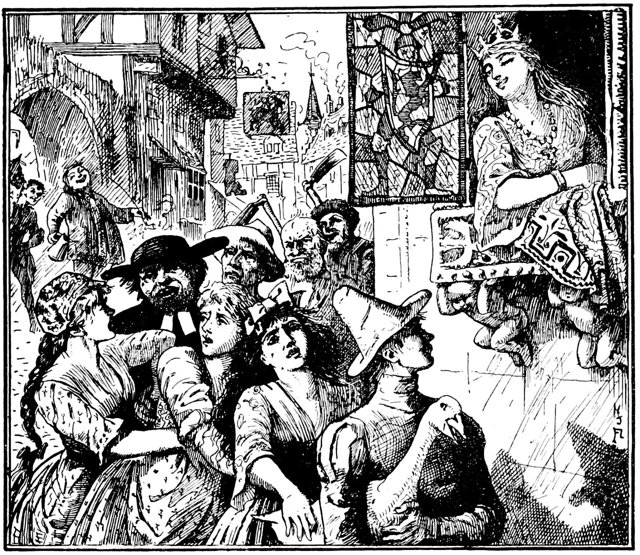 Dullhead, in a tall pointed hat, carries the goose under his arm along a street of gabled houses and looks up at a crowned Princess who leans laughing from a window over a patterned cloth hung across its sill, while three young women, a bearded clergyman in a broad black hat and white bands, and three more men, two of them with hoes over their shoulders, are pressed together in a line at his back, and two onlookers laugh and point further up the street
