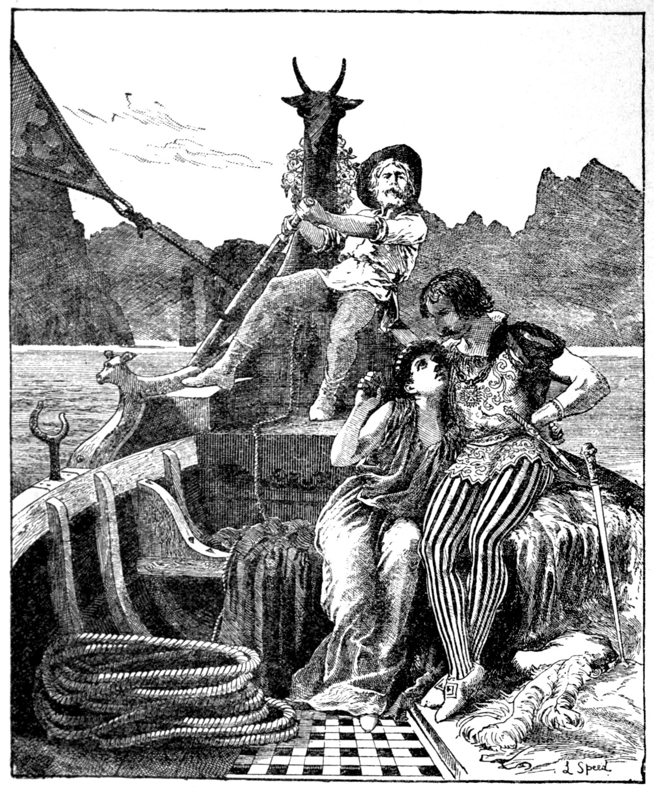 An old bearded boatman in a broad soft hat hauls with both hands on a rope beside the mast of a small open boat whose masthead and prow are carved as horned animal heads, while below him the Princess Mayblossom leans back against Fanfaronade on a heap of furs and tips her head up to look into his face, a coil of rope and a chequered cloth lying on the boards beside them