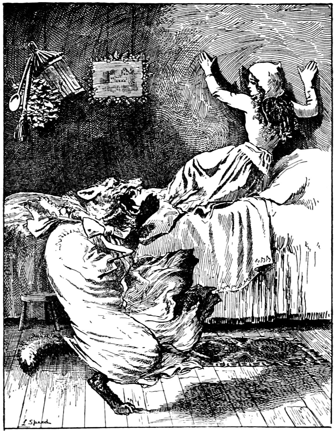 In a cottage bedroom Little Golden-hood sits up in the bed among the heaped bedclothes, her hood on her head and her loose hair falling over her bare shoulders, both arms flung up and her mouth open, while the Wolf, wearing the Grandmother's frilled night-cap and long white nightgown, is down on the plank floor beside the bed with its jaws gaping wide, a bushy tail sticking out at one side of the gown and a dark clawed hind foot planted on the boards below the hem