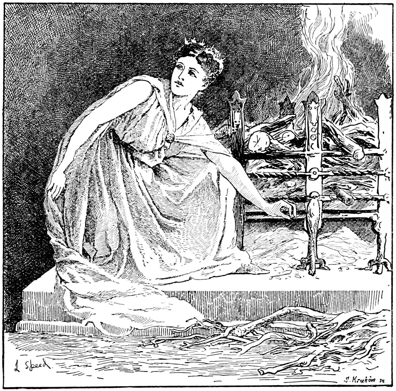The Princess kneels on the hearth step in a loose draped gown fastened with a round brooch and a small spiked crown, leaning away from a fire burning in an iron basket grate and reaching one hand down over the bars into the ash beneath it while her other hand braces on the stone behind her, her face turned up and back over her shoulder, with knotted logs lying on the floor in the foreground