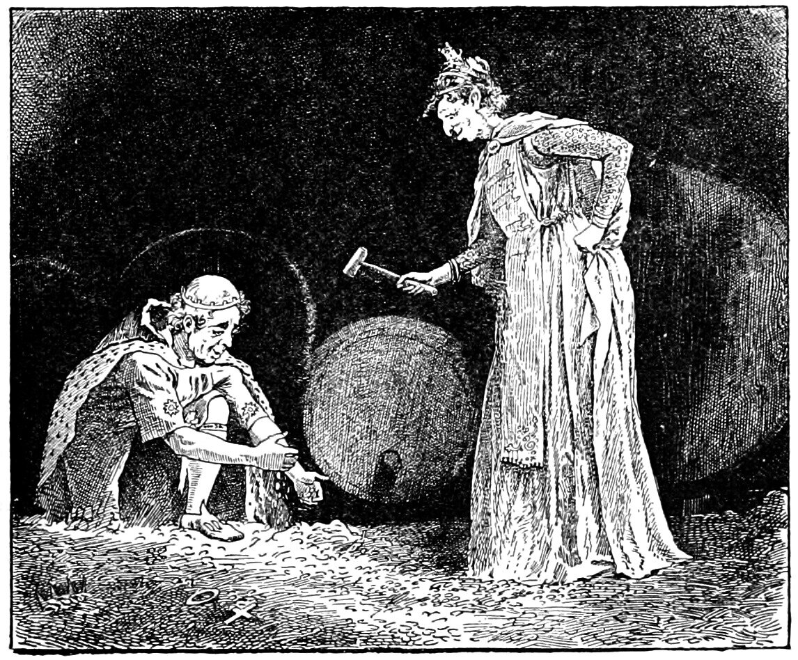 The King, a crowned old man in an ermine cloak and sandals, squats grinning on the floor of a vaulted cellar with a small cup in one hand and coins and jewels scattered about him, while Duchess Grumbly leans over him in a crown and a long trailing gown holding out a little hammer, a great cask lying on its side between them