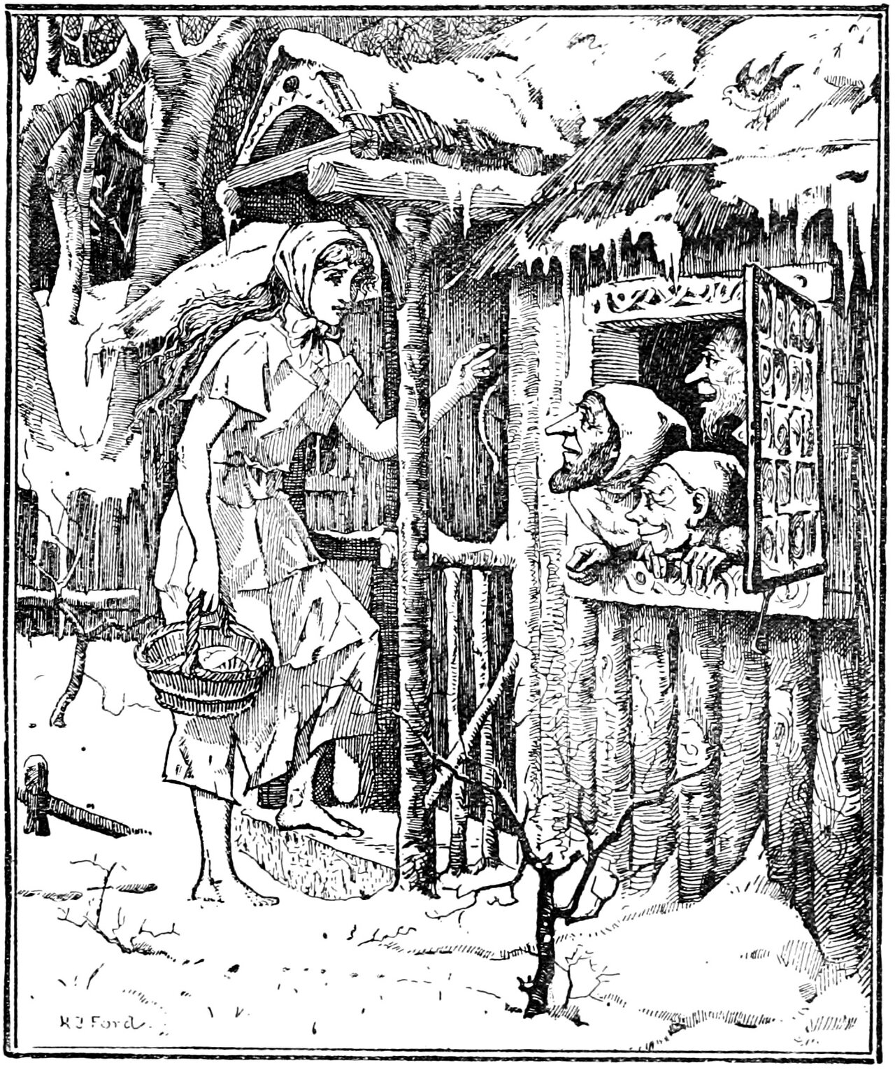A girl stands barefoot in the snow at the plank door of a snow-laden hut hung with icicles, a kerchief tied over her hair, her sleeves short, a shallow basket with a piece of bread in it hanging from one hand and the other hand raised with curled fingers against the planks as if knocking. At the open casement beside her three little old men lean out over the sill and look at her: one in a pointed cap with a full beard, a second bearded in the dark behind him, and a third at the front bald and clean shaven.